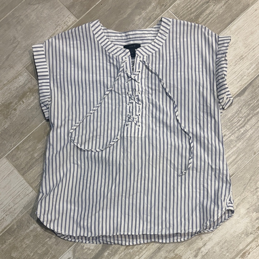 J. Crew Blue and White Striped Lace-Up Blouse